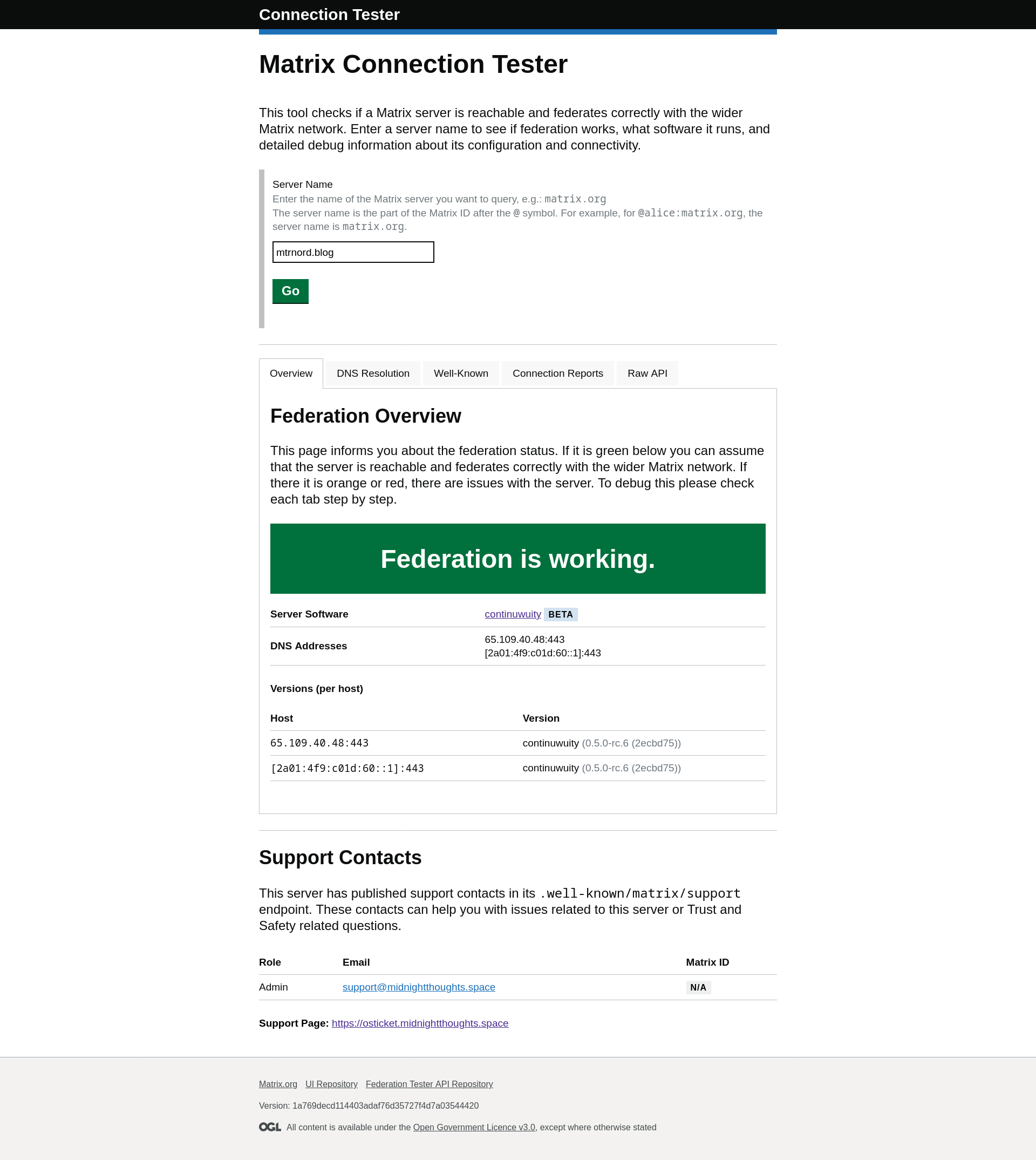 The connectivity tester frontend shows a big green "Federation is working" banner along with many other details